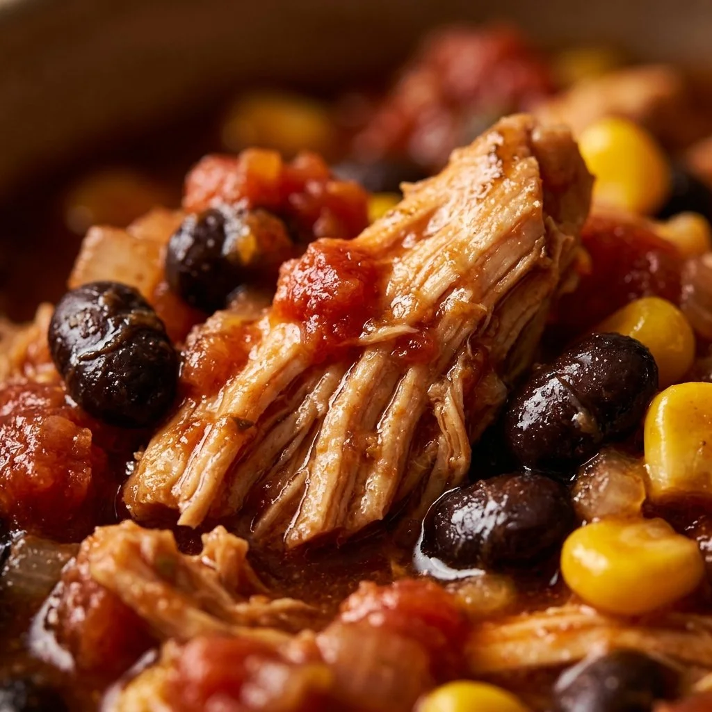 Budget-friendly salsa chicken crockpot meal served with rice and vegetables.