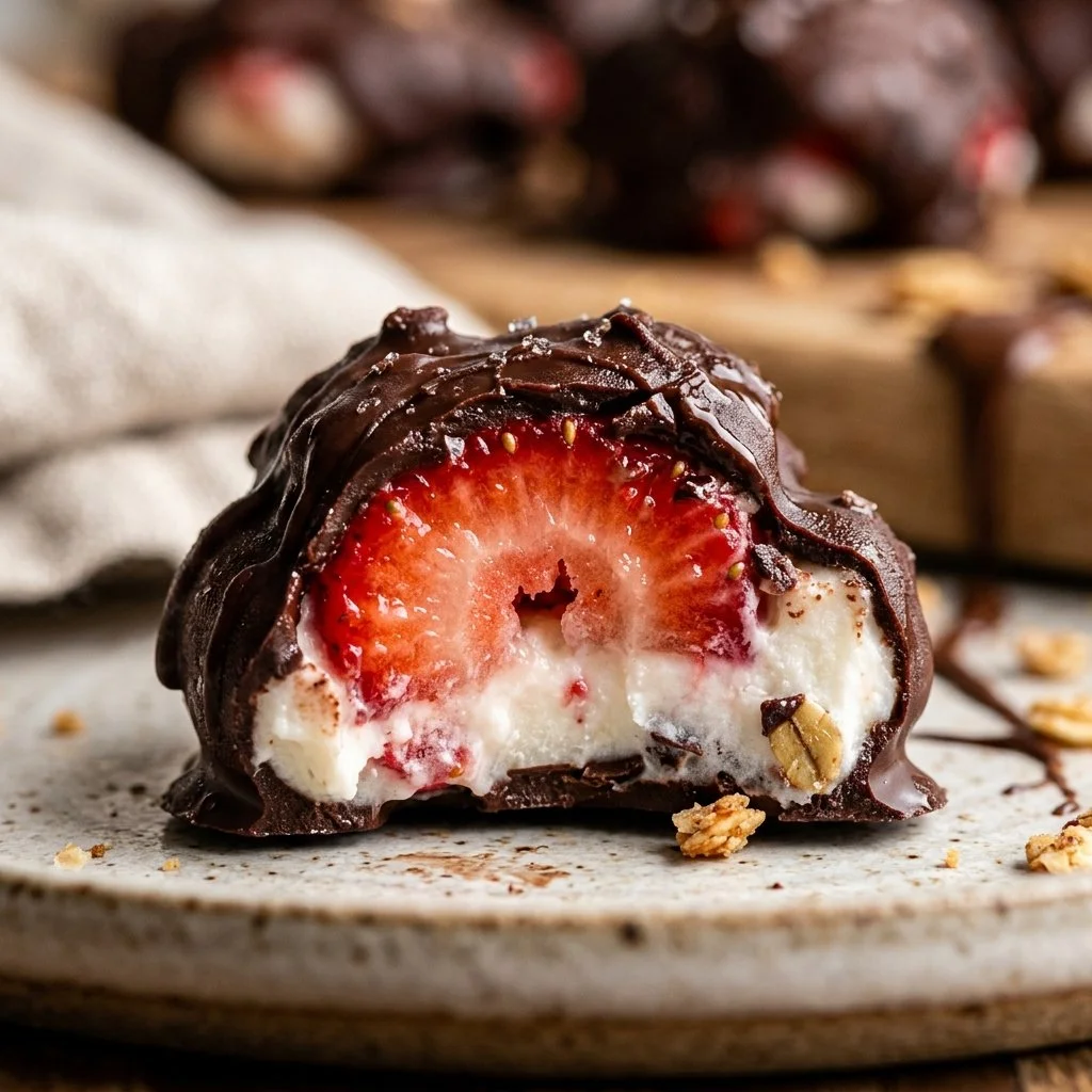 Chocolate Strawberry Yogurt Clusters served on a plate, showcasing a delicious dessert.