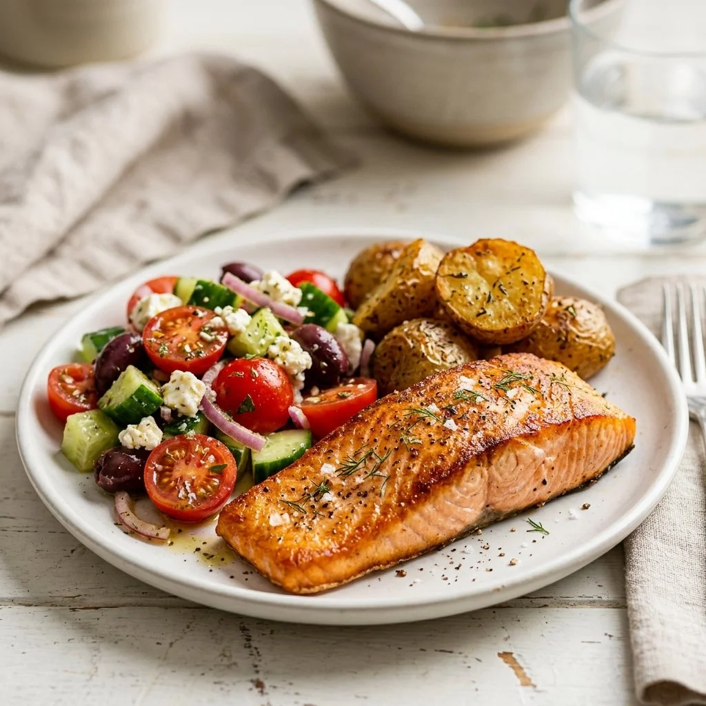 Crispy Potatoes with Salmon and Greek Salad