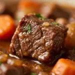 Delicious crockpot beef stew garnished with herbs in a rustic bowl.