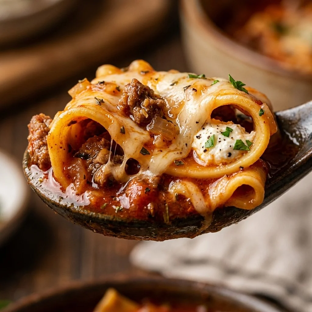 Delicious bowl of Crockpot Lasagna Soup topped with cheese and herbs