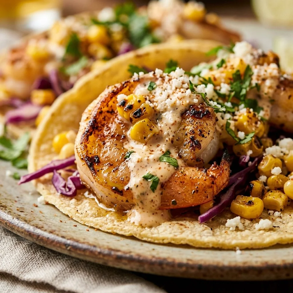 Elote-style shrimp tacos topped with creamy sauce and fresh ingredients.