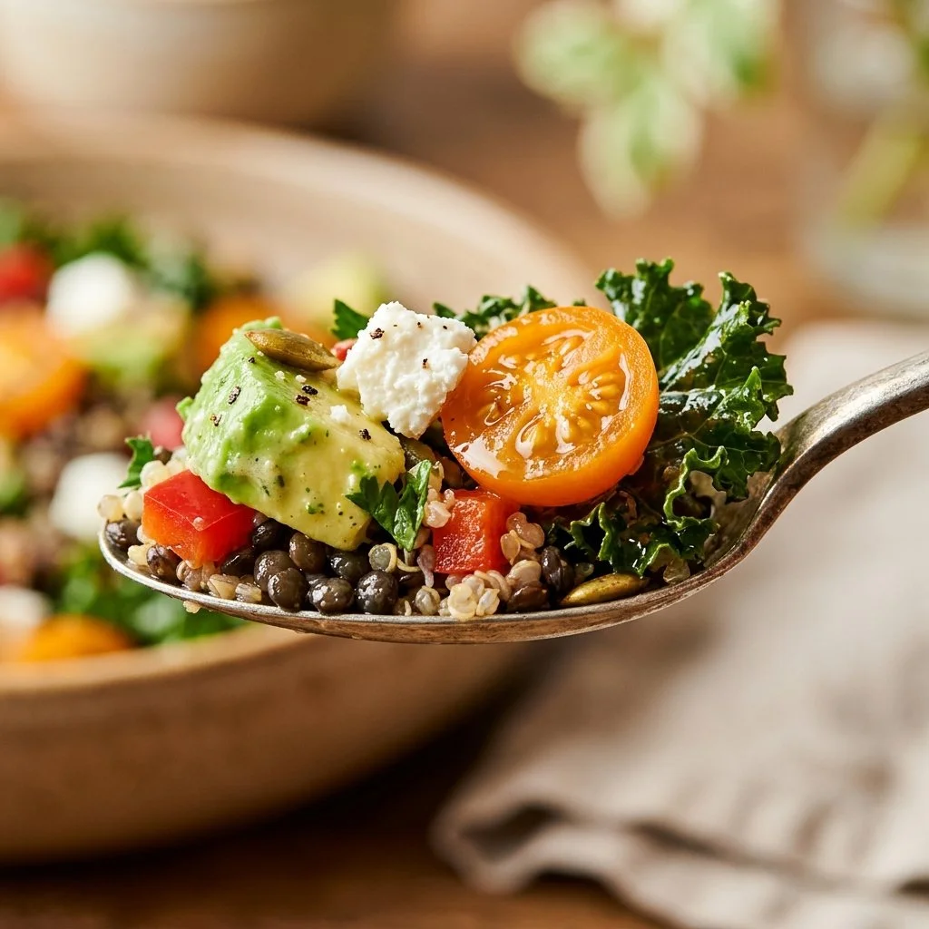 A colorful bowl of Kitchen Sink Salad with various veggies and toppings.