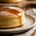 Fluffy Japanese souffle pancakes stacked with syrup and berries
