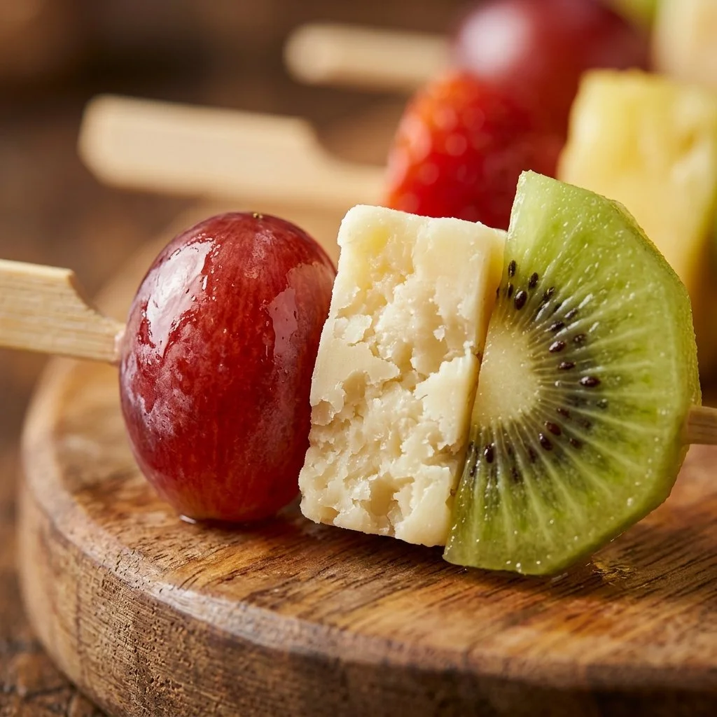 Colorful Fruit & Cheese Skewers served as appetizers on a platter