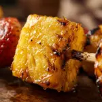 Colorful fruit kabobs with grilled pineapple, strawberries, and melons.