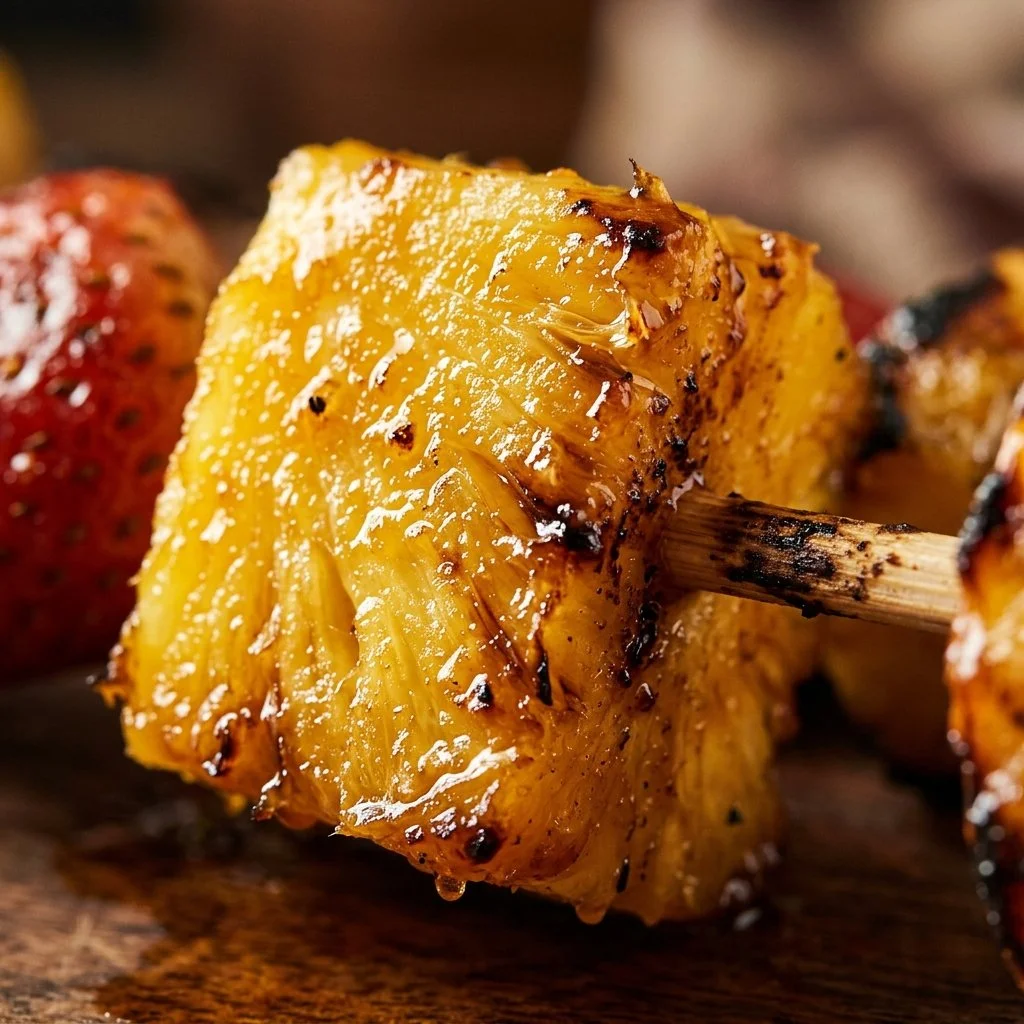 Colorful fruit kabobs with grilled pineapple, strawberries, and melons.