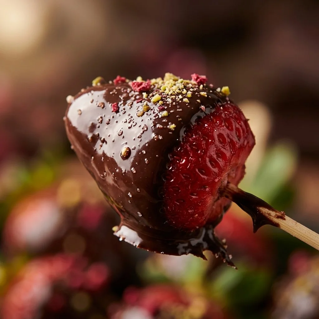 Chocolate dipped fruit skewers with vibrant strawberries and pineapple