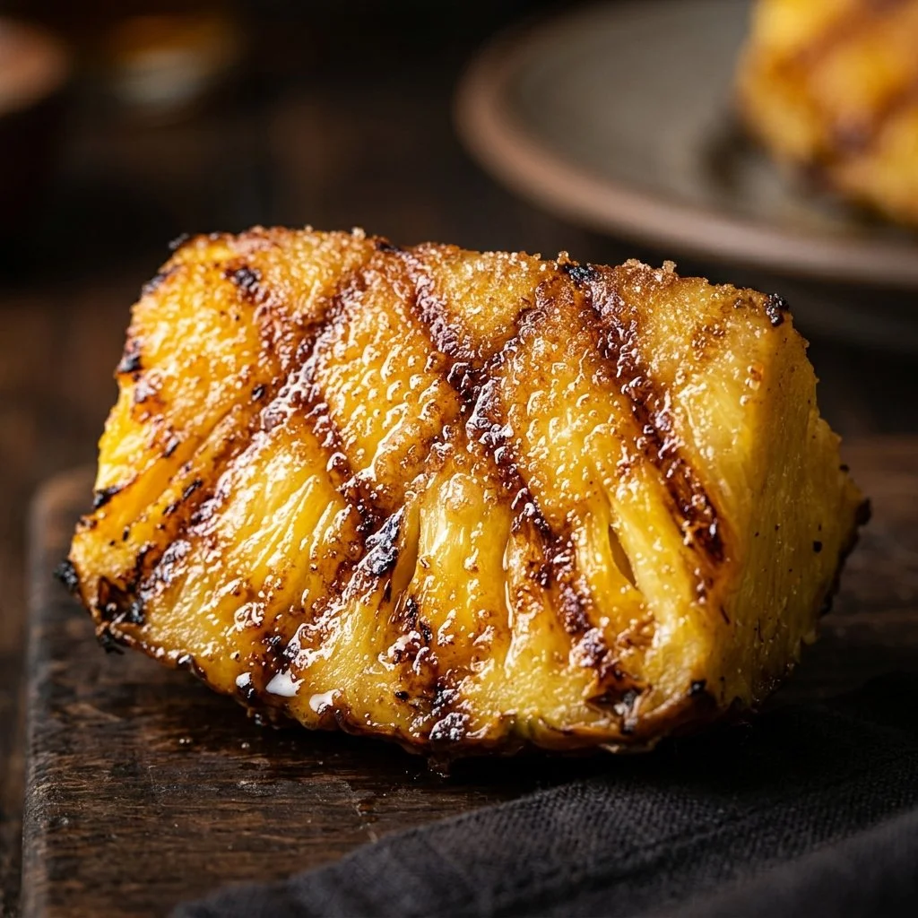 Grilled pineapple slices sprinkled with cinnamon sugar on a plate