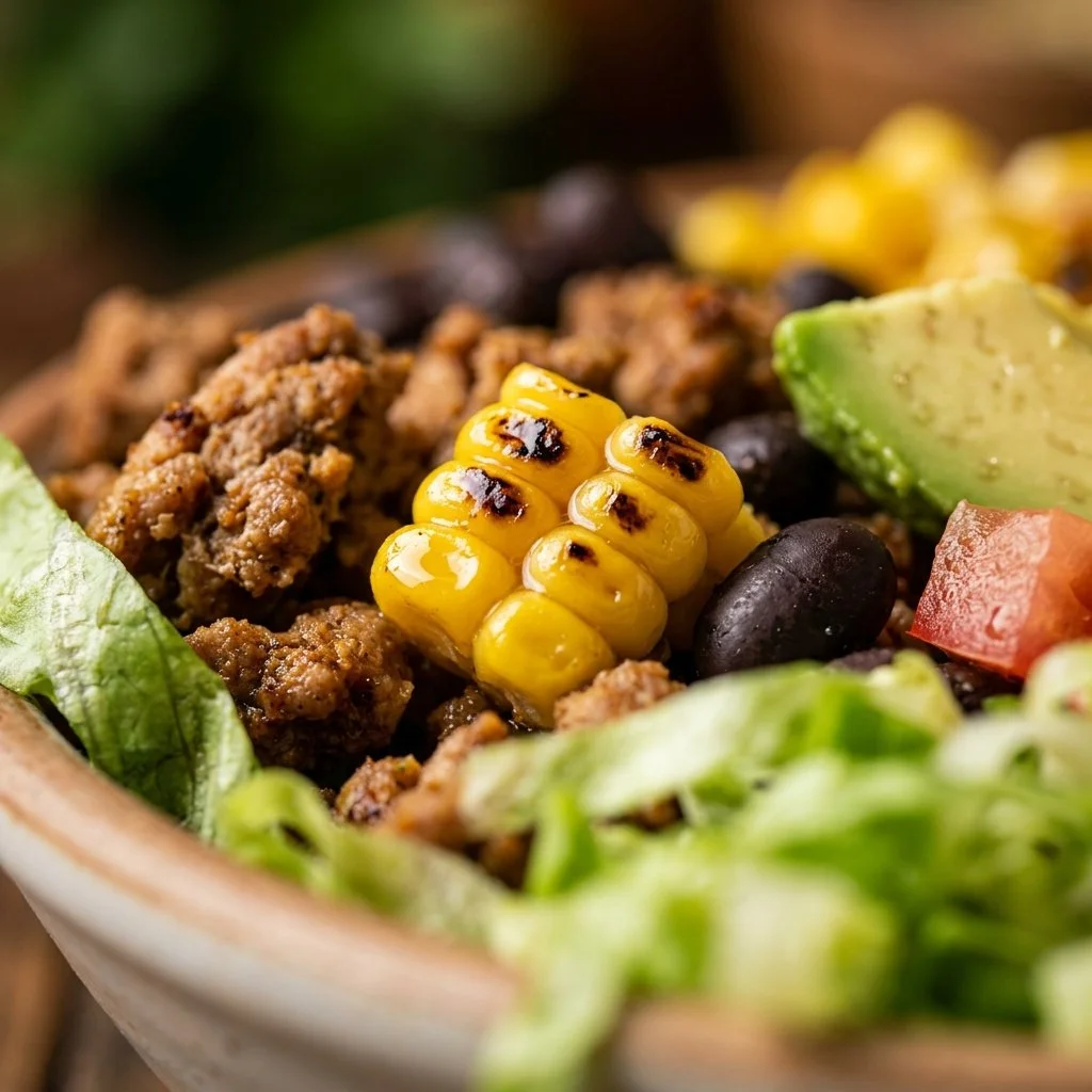 Ground turkey taco bowl prepared for meal prep with fresh vegetables.