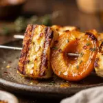 Halloumi skewers with apricot and hot honey on a grill plate