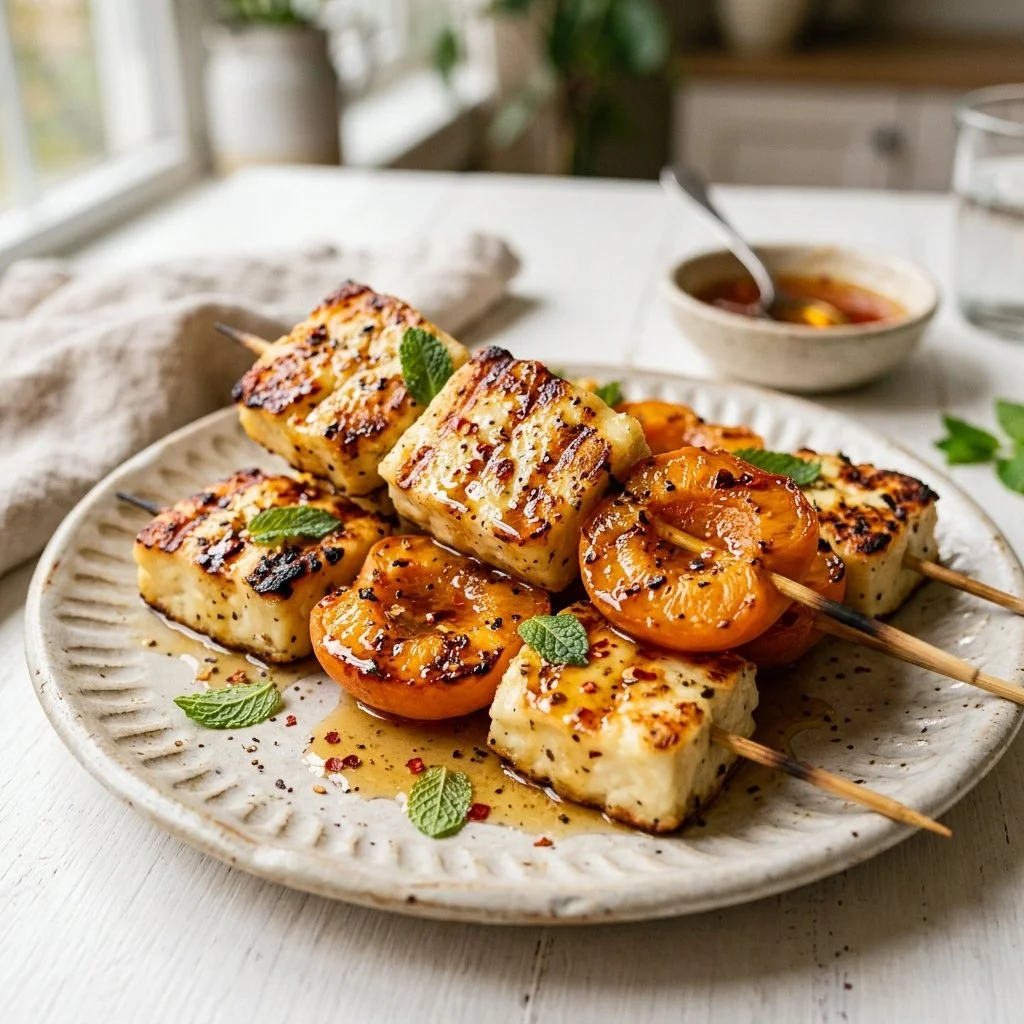Halloumi Skewers with Apricot and Hot Honey