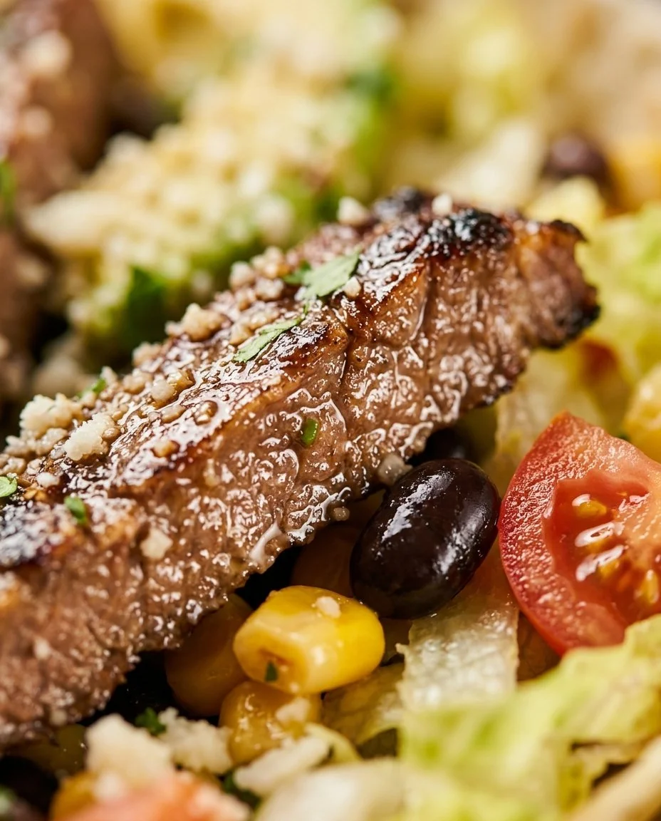 Healthy carne asada steak taco bowl with fresh ingredients and vibrant colors