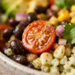 A colorful Healthy Cauliflower Rice Taco Bowl topped with fresh ingredients