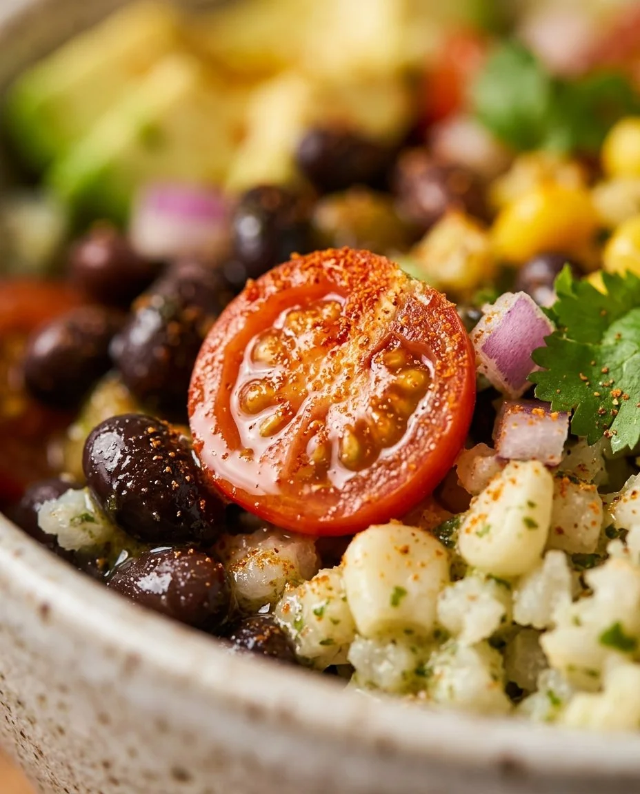 A colorful Healthy Cauliflower Rice Taco Bowl topped with fresh ingredients