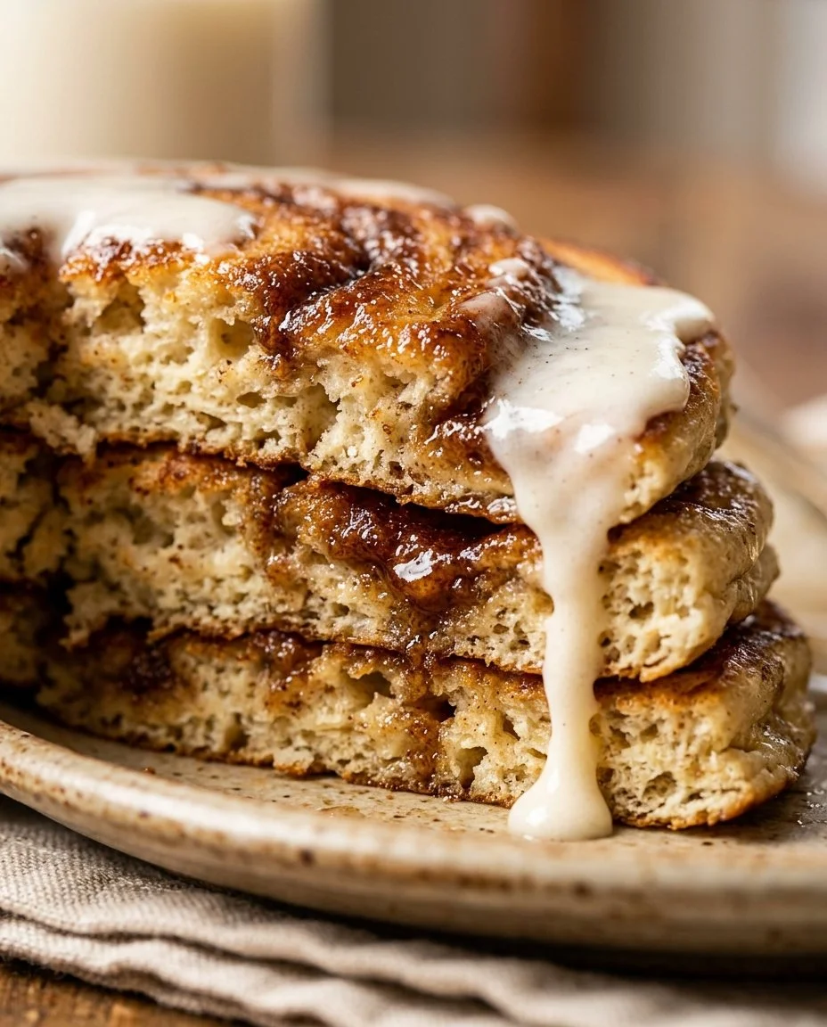 Delicious homemade cinnamon roll pancakes topped with icing and cinnamon