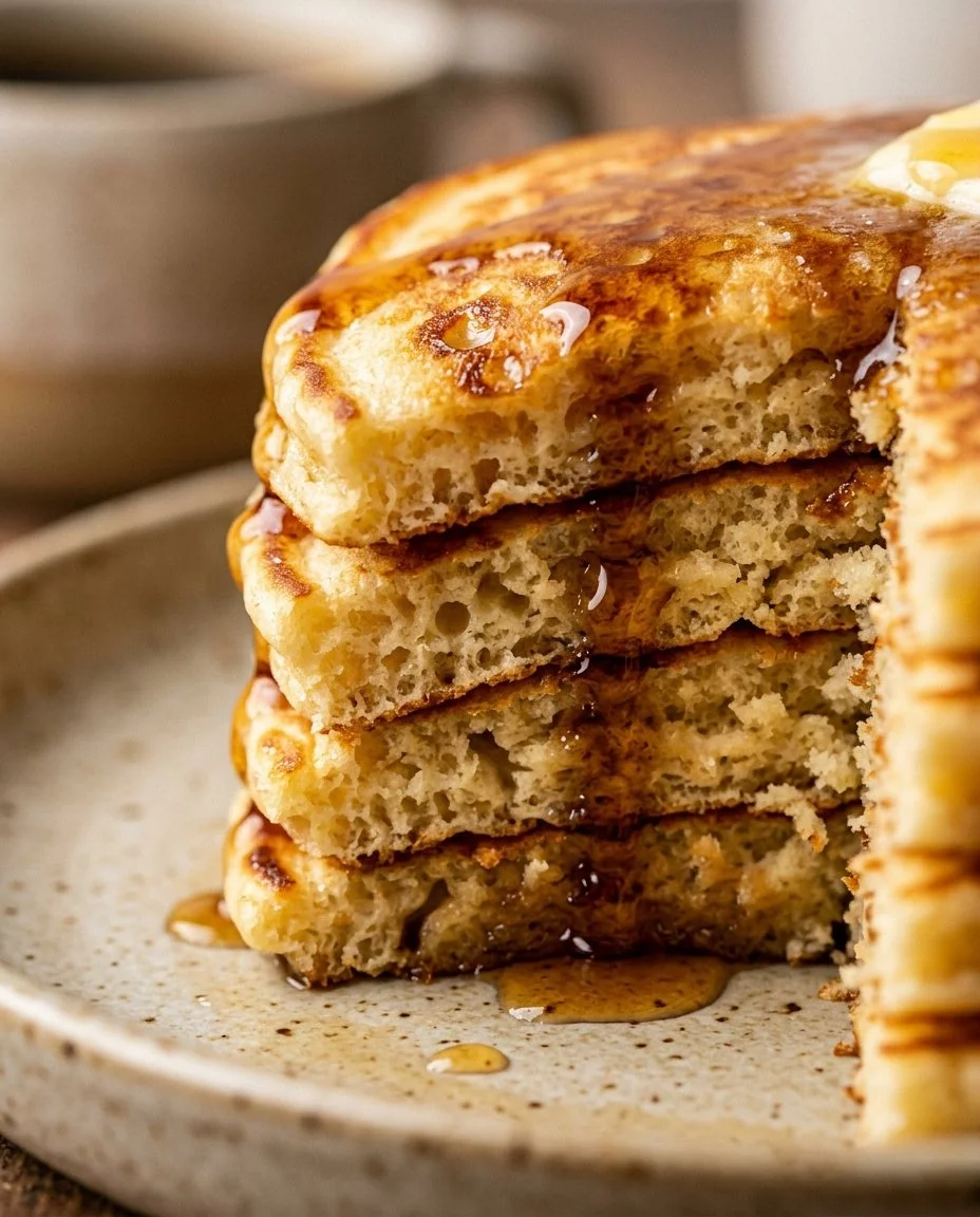 Stack of fluffy pancakes topped with syrup and berries