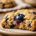 Baked lemon blueberry cookies displayed on a platter with fresh blueberries.