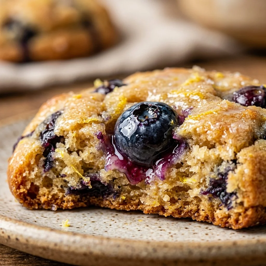 Baked lemon blueberry cookies displayed on a platter with fresh blueberries.