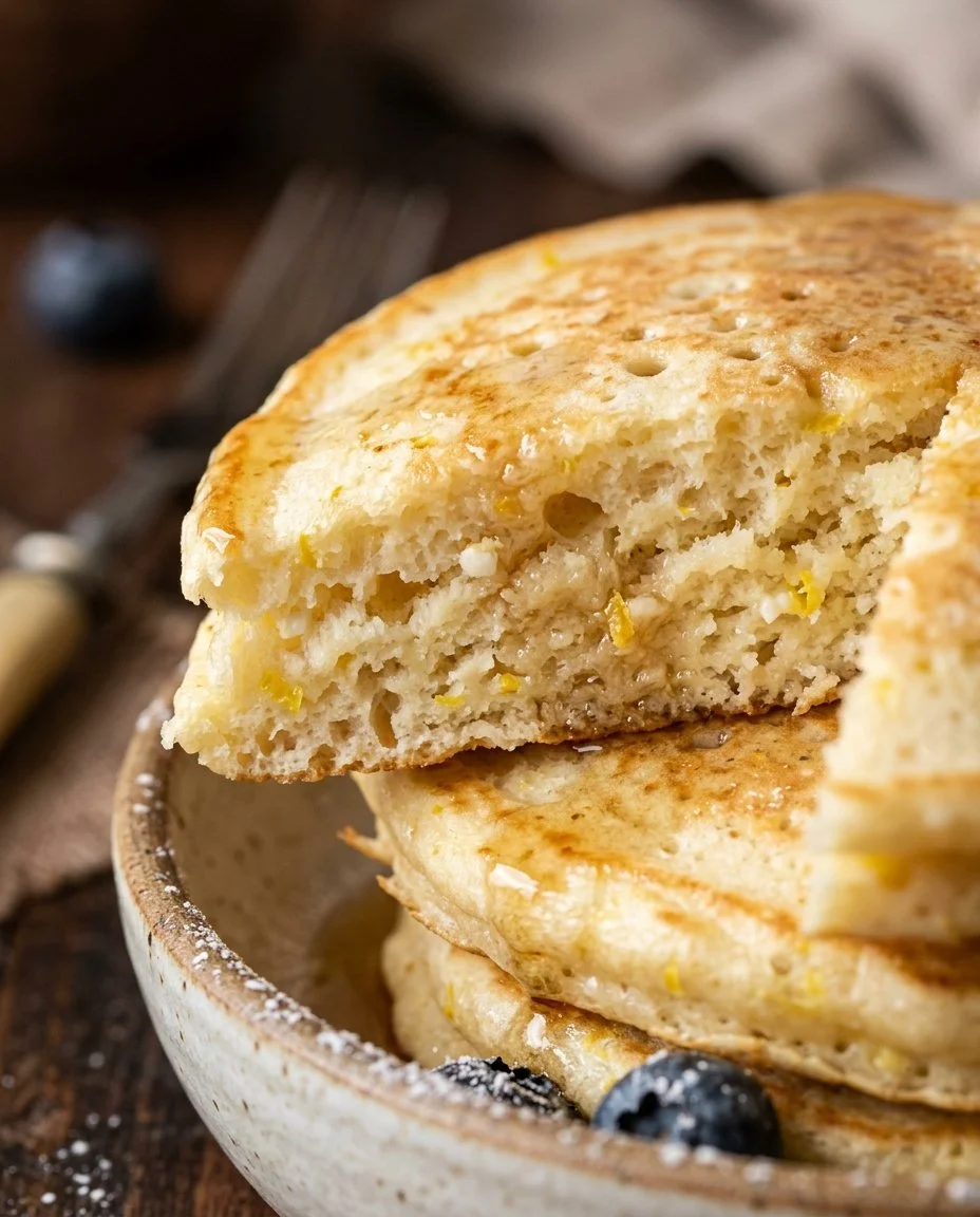 Stack of fluffy Lemon Ricotta Pancakes with syrup and lemon zest