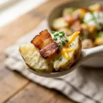 Delicious loaded baked potato salad with toppings in a serving bowl