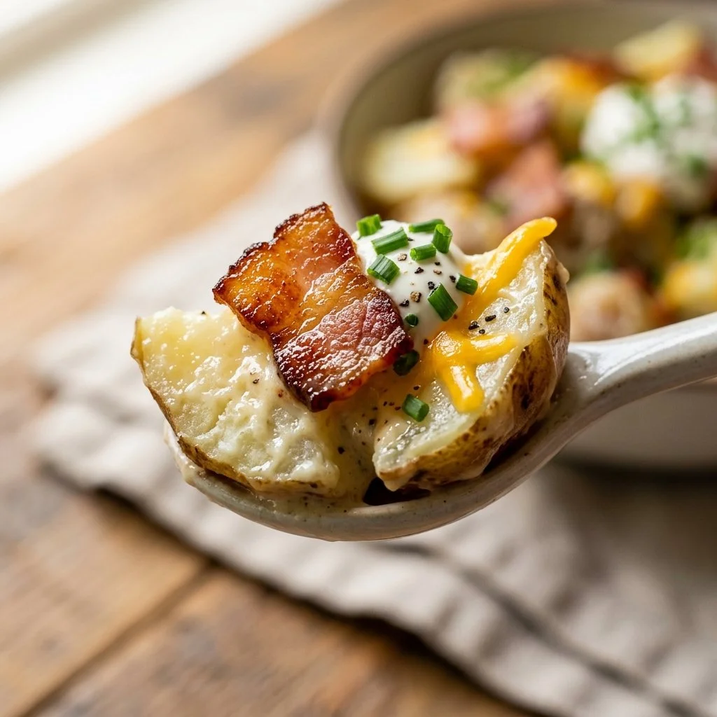 Delicious loaded baked potato salad with toppings in a serving bowl
