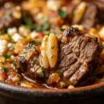 One-pot Greek Beef Orzo dish with beef and orzo pasta in a flavorful sauce