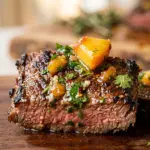 Peach chimichurri skirt steak garnished with herbs on a grilling platter