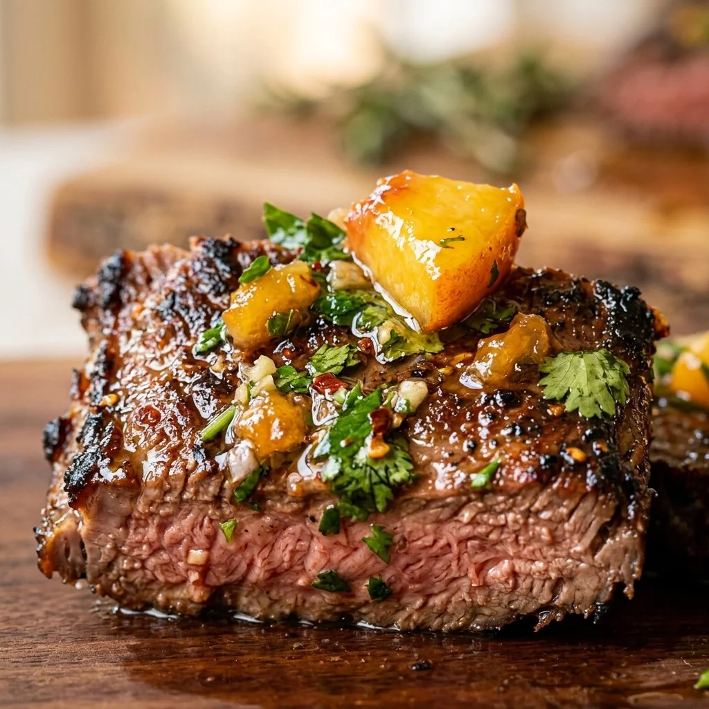 Peach chimichurri skirt steak garnished with herbs on a grilling platter