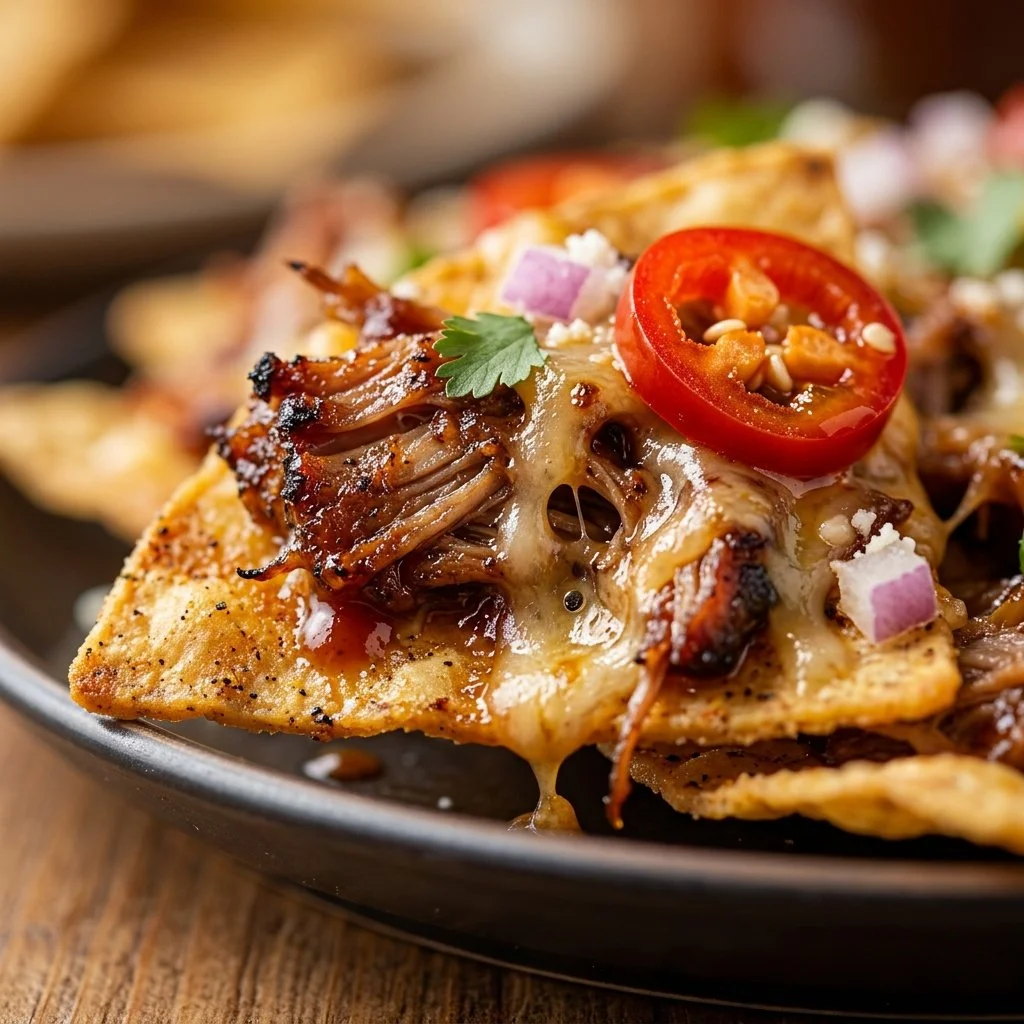 Delicious pulled pork nachos topped with cheese and jalapeños