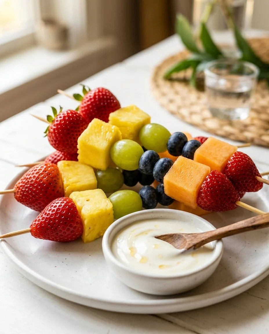 Rainbow Fruit Skewers with Honey Yogurt Dip