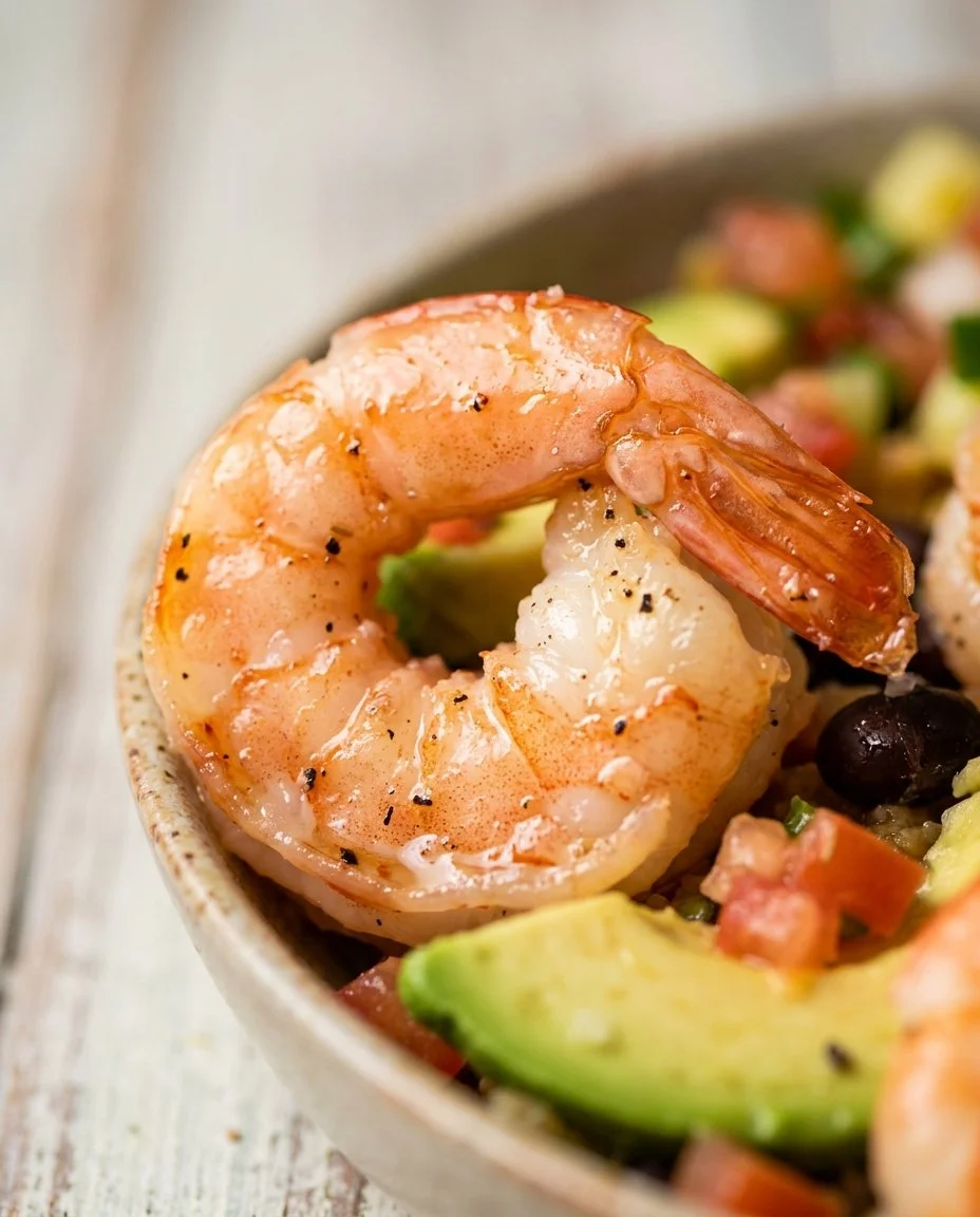 Delicious shrimp taco bowl with fajita-style ingredients and toppings