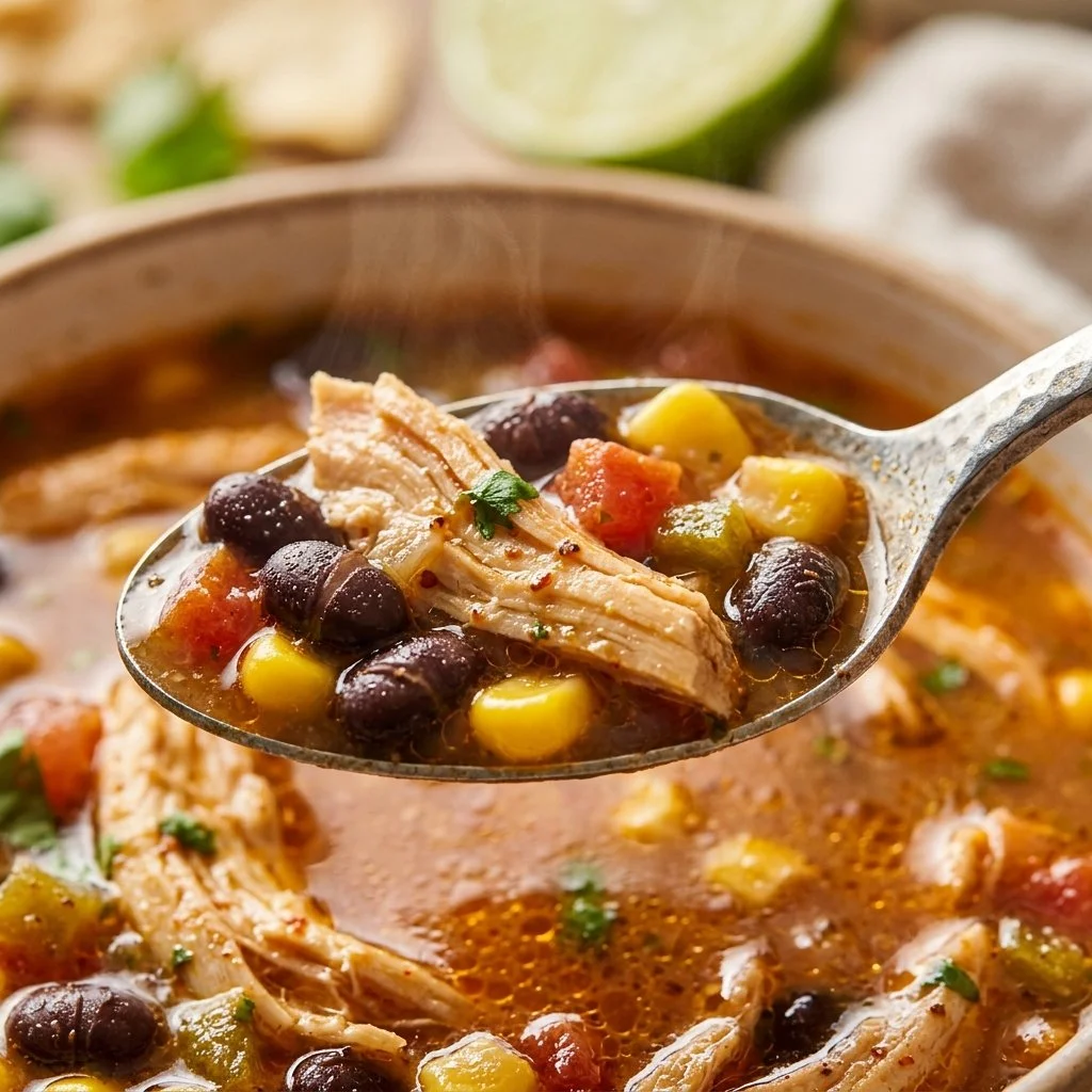 Bowl of slow cooker chicken tortilla soup garnished with tortilla strips and cilantro.