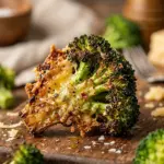 Smashed broccoli topped with Parmesan cheese on a plate