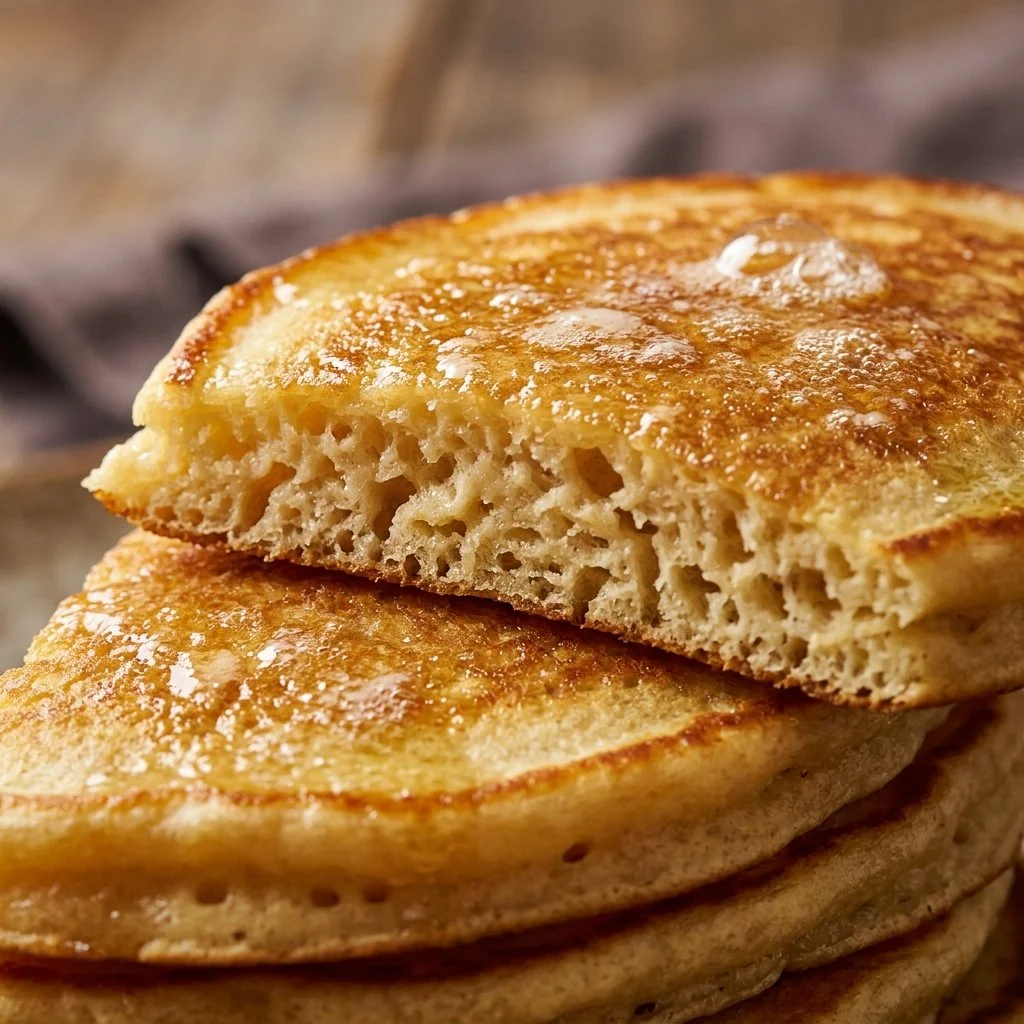 Deliciously fluffy sourdough pancakes served with syrup and fresh fruit.