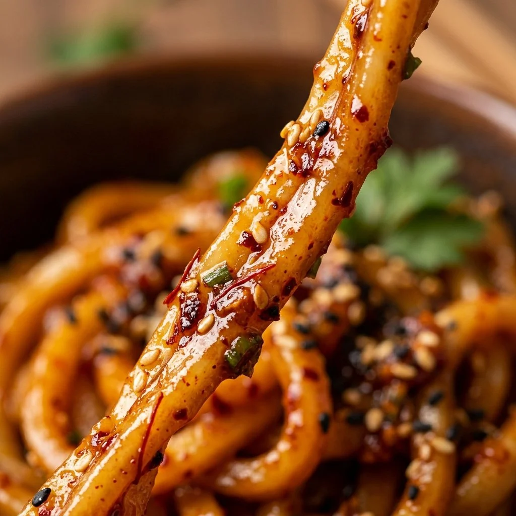Delicious bowl of Swicy Noodles with vibrant vegetables and spices