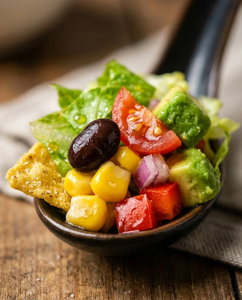 Colorful taco salad with fresh vegetables, beans, and tortilla chips