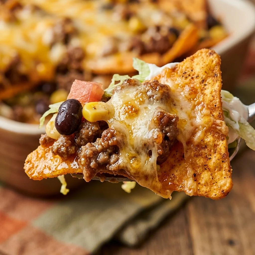 Taco salad recipe styled like a Dorito casserole, perfect for a hearty meal.