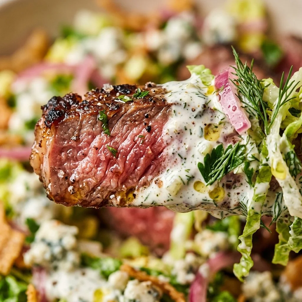 Viral steak salad topped with pickled ranch dressing and colorful vegetables