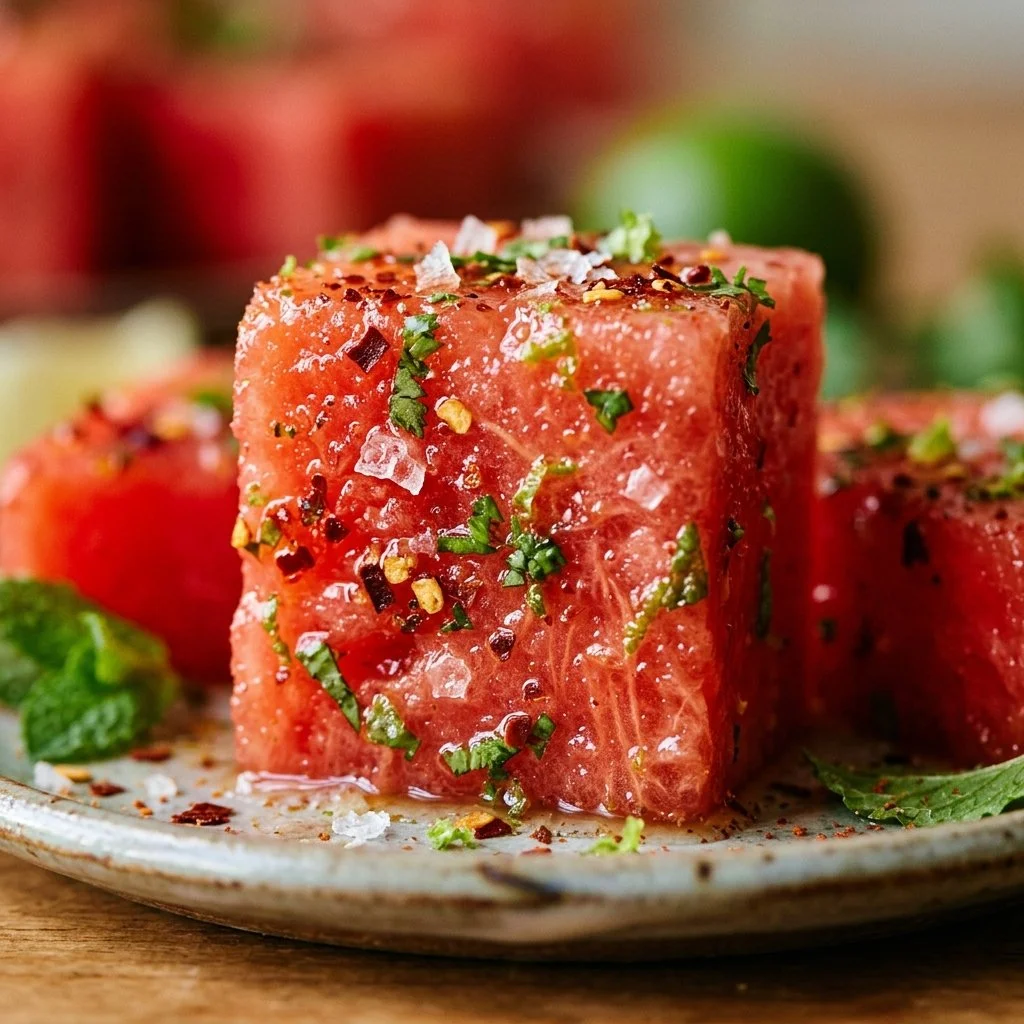 Refreshing watermelon salad with chili and lime ingredients in a bowl