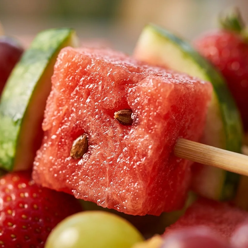 Colorful watermelon tajin fruit skewers served on a platter.