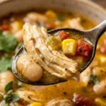 Bowl of white chicken chili cooked in a crockpot with toppings
