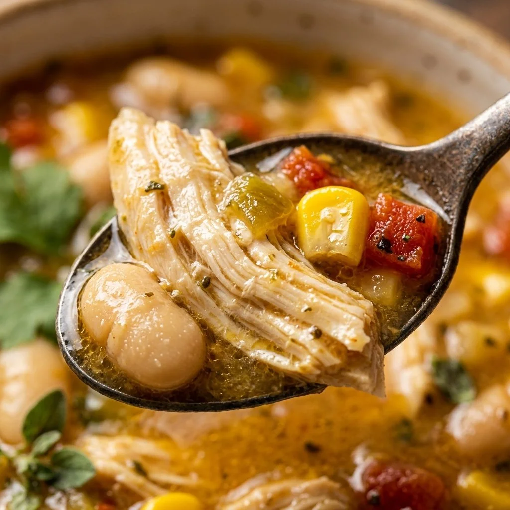 Bowl of white chicken chili cooked in a crockpot with toppings