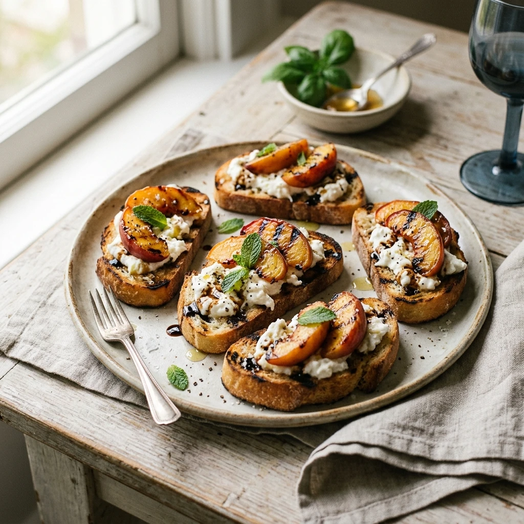 Grilled Peach Burrata Crostini